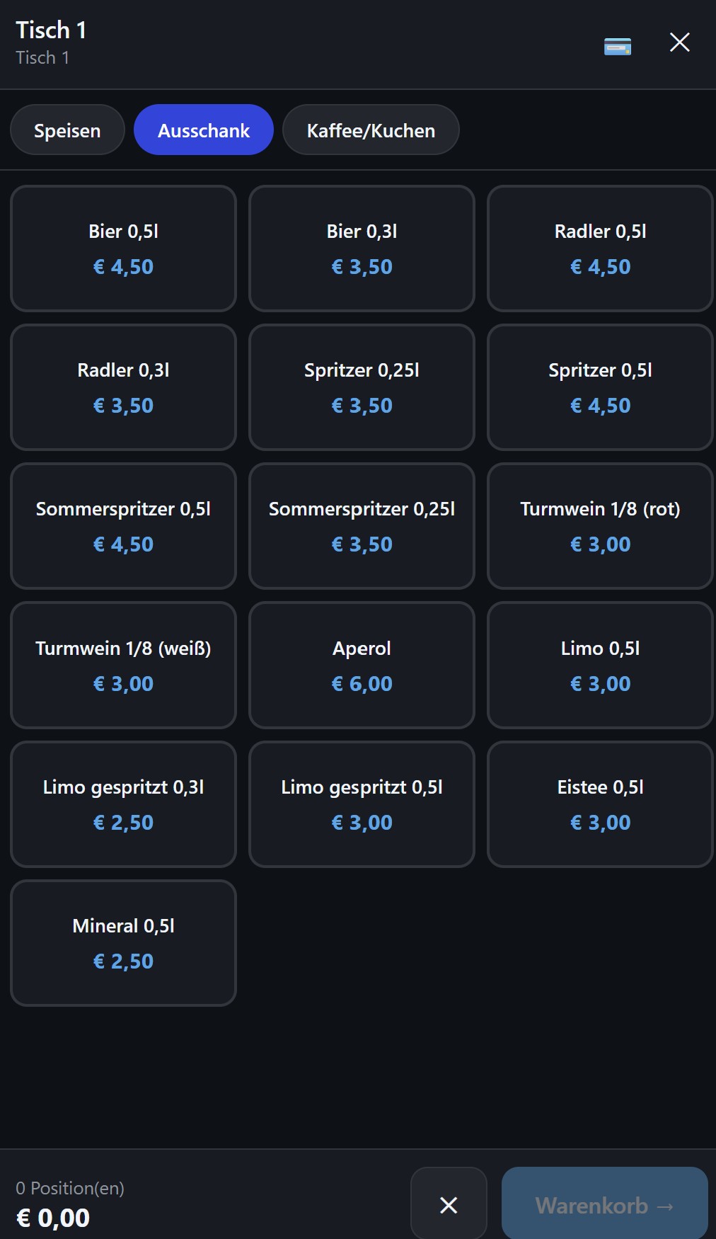 Kellner-App: Produktauswahl mit Kategorien