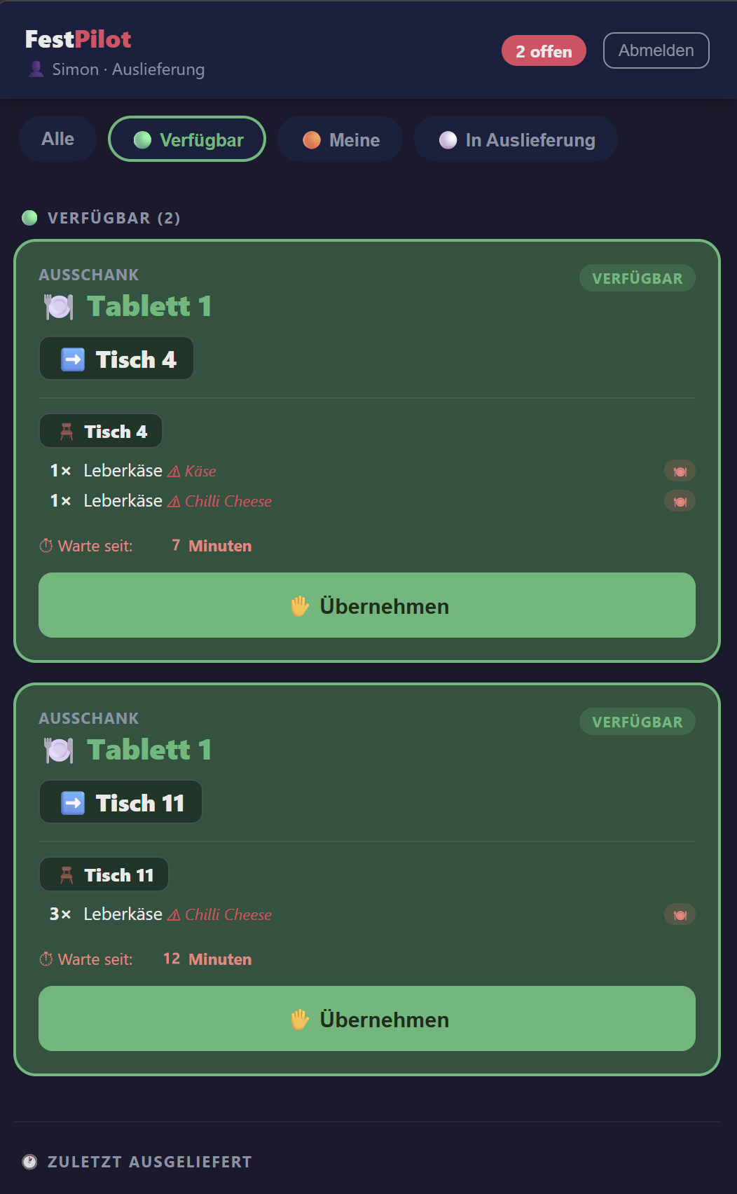 Träger-App: verfügbare Tabletts übernehmen